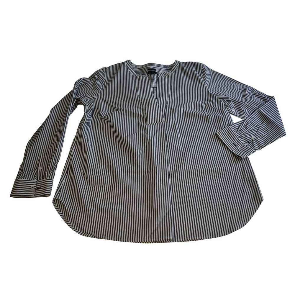 Talbots Blouse Women Large Blue White Excellent Striped Non-Iron Split Neck